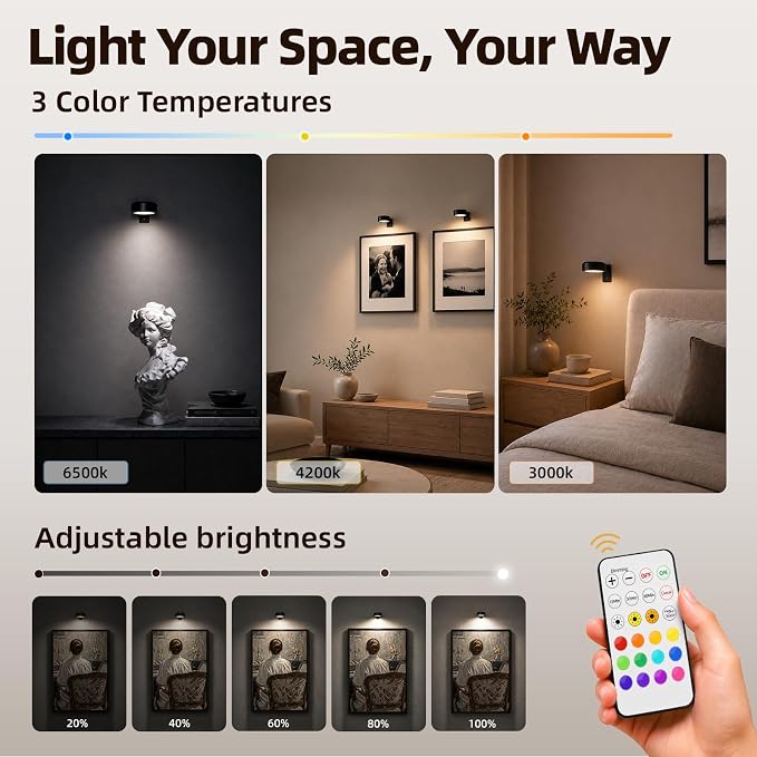 EZVALO Picture Lights for Wall, 2000mAh Rechargeable Battery Magnetic Poster Lights with 3 Color Temps & 12 RGB, Remote Dimmable Timer Painting Light, Wall Decor Light for Art Display, Frame (6 Pack) - Image 5