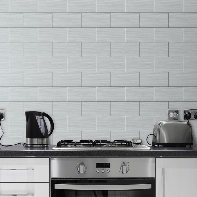 AULIGET 20-Piece Stainless Steel Look Peel and Stick Backsplash Tile, 6" x 12" Silver Aluminum Stick on Tiles for Backsplash Kitchen (Non-Magnetic) - Image 2