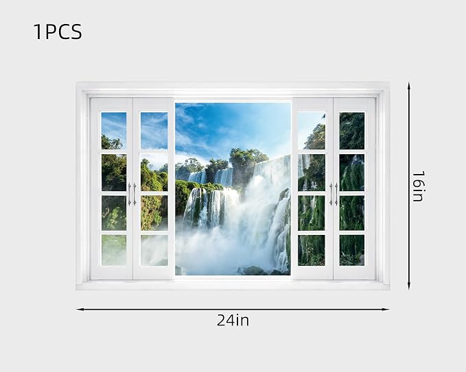 FLFK Fake Window Wall Decal - Nature Scene Waterfall Peel and Stick Mural, 24 x 16 inches - Image 2