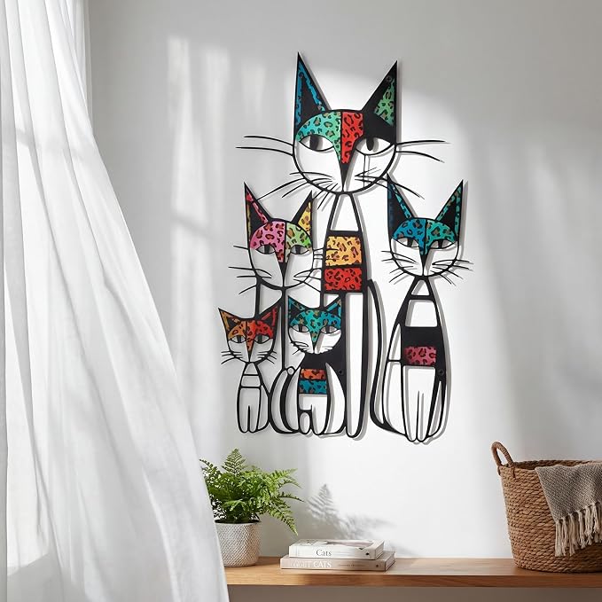 Wesiti Cat Metal Wall Art, 5 Cats Leopard Print Sculpture 10.6"x15.7" | Colorful Mid Century Design for Feline Lovers, Iron Sculptures, Home Living Room Bedroom Kitchen Office Hanging Accent - Image 4