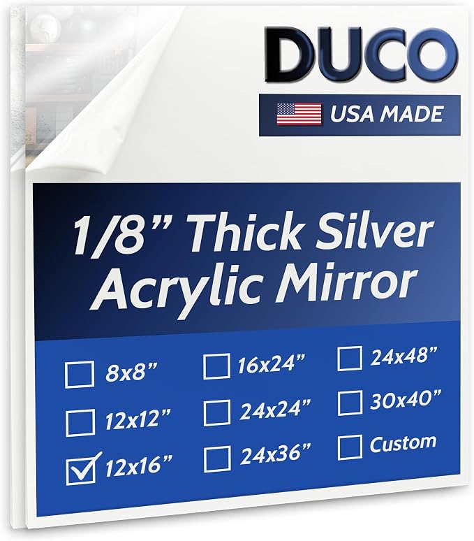 Duco USA-Made Acrylic Mirror Sheet 1/8 Inch Thick 12" x 16" (with Adhesives) - Pack of 2 Silver Frameless Plastic Mirror for Walls, Home Gyms, Bathrooms, & More - Shatter-Proof Mirrored Plexiglass by DucoPlasticsSupply