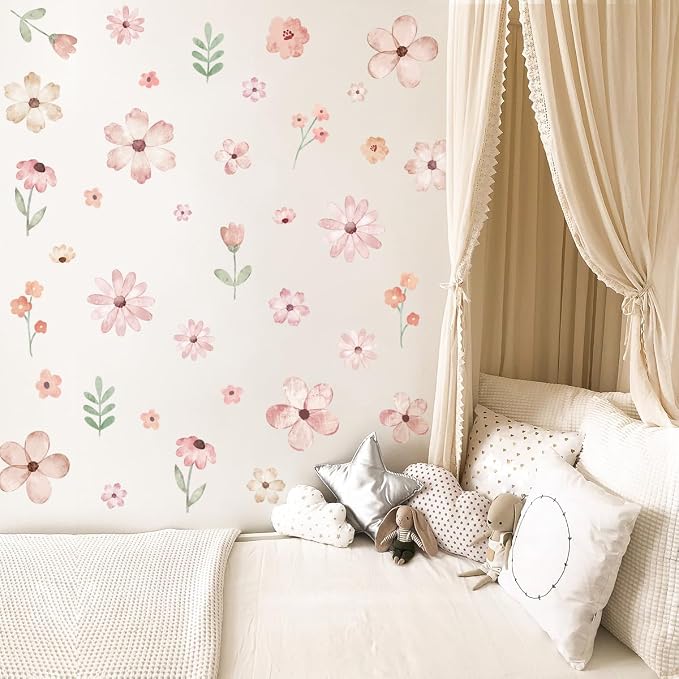 Boho Flower Wall Decals，Pink Watercolor Flower Art，Wildflower Wall Decals，Girls Bedroom Removable Sticker，Nursery Kids Room Decor Vinyl Murals DIY Cute Decorations - Image 5