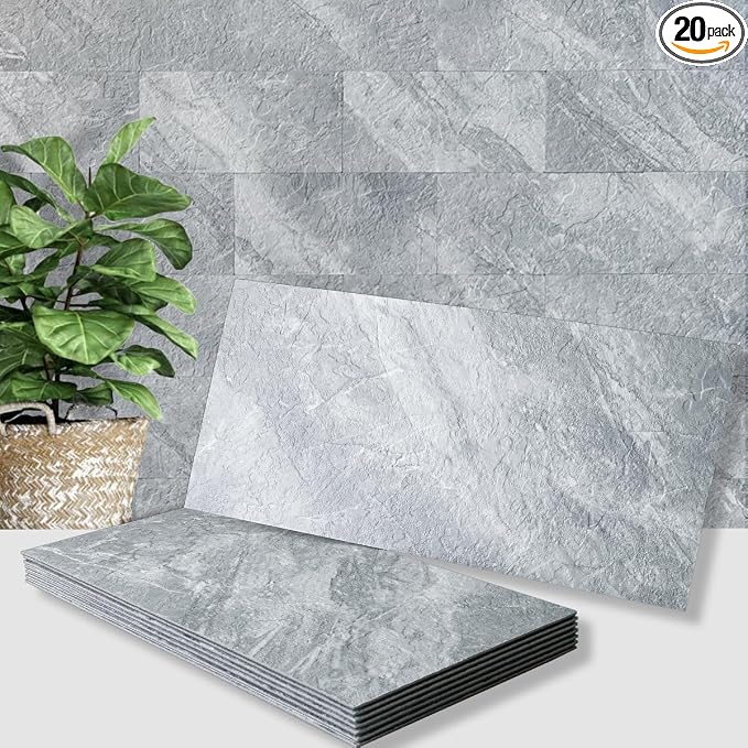AULIGET 20-Piece Peel and Stick Backsplash Wall Tiles, 6" x 12" PVC Grey Marble Faux Stick on Tiles for Backsplash Kitchen, Bathroom, Laundry Room, Camper, Fireplace by AULIGET