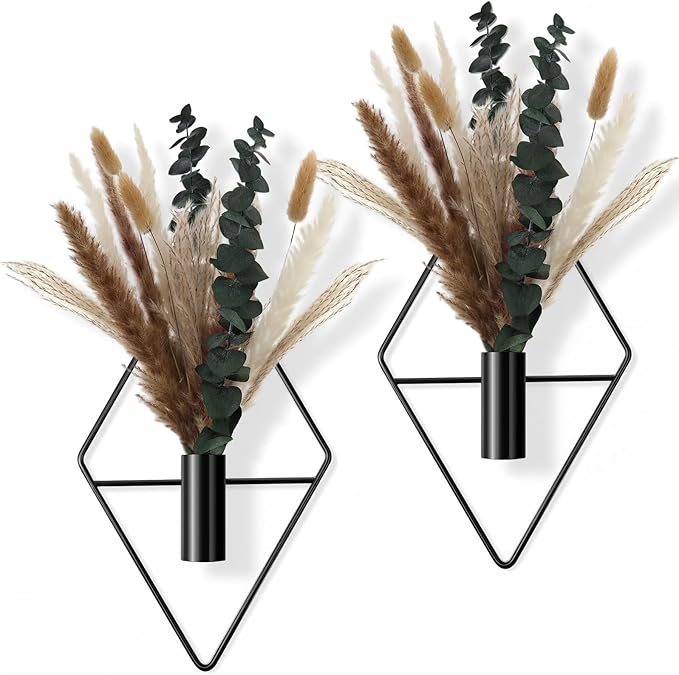Jexine 4 Pcs Hanging Artificial Planters Wall Decor, Matte Black, Pampas | Bathroom Wall Decor, Geometric Metal Vase, Indoor Plants, Living Room, Home Office, Entryway, Boho Accent, Wall Mounted by Jexine