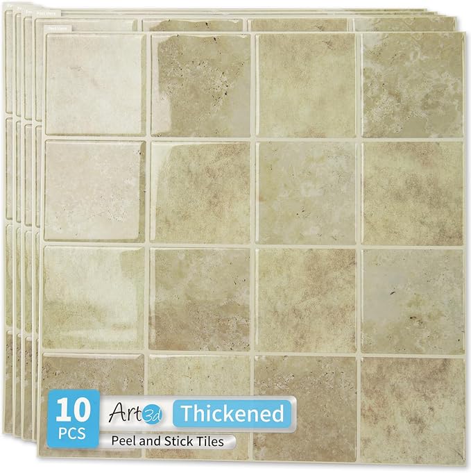 Art3d Grid Design Peel and Stick Backsplash, 10-Pack, 12 x 12 in, Khaki | Enhanced Thickness, Strong Adhesion, Moisture Resistant, Long-Lasting, Minimalist Look, DIY Friendly, for Kitchen Countertops by Art3d