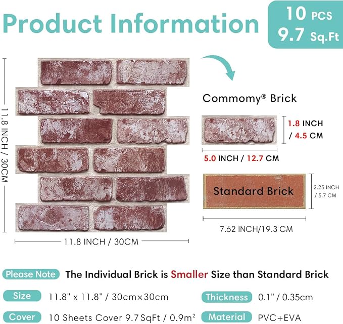 Commomy Faux Brick Wall Panels Peel and Stick Thin PVC 10 Pcs 11.8" x 11.8" | Small Size Thin PVC Quick Wall Covering Home Decor for Kitchen,Fireplace,Home Office (Covers 9.7 sq.ft) - Image 4