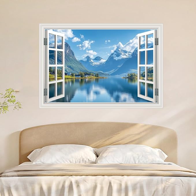 Fake Window Poster Wall Mural Sticker Mountain Lake Forest, 24" x 16" | Faux Window Wall Art, Peel and Stick, Prints Decals Decor - Image 2
