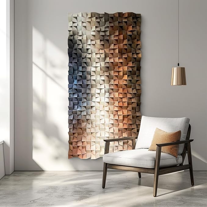 LIUZEYUE Unique Modern Wood Wall Art, Designed with Expansive Mosaic Rhythm | oversized textured wood wall art; charcoal and orange, natural grain; living room double-height focal wall; 39.4 x 78.7 in by Unknown