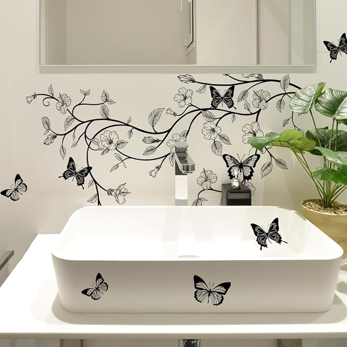 2 Sheets Black Flower Vine Wall Decals Peel and Stick Removable Butterfly Wall Stickers & Murals Vinyl Floral Simplicity Wall Stickers Decor for Bathroom Living Room Kitchen Landry Shower Door Art - Image 2