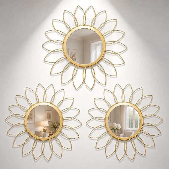 Gold Flower Mirror Set of 3, 3PCS Metal Round Decorative Wall Mirrors, Floral Petal Accent Mirror Wall Decor for Living Room, Bedroom, Entryway & Bathroom by HMANGE