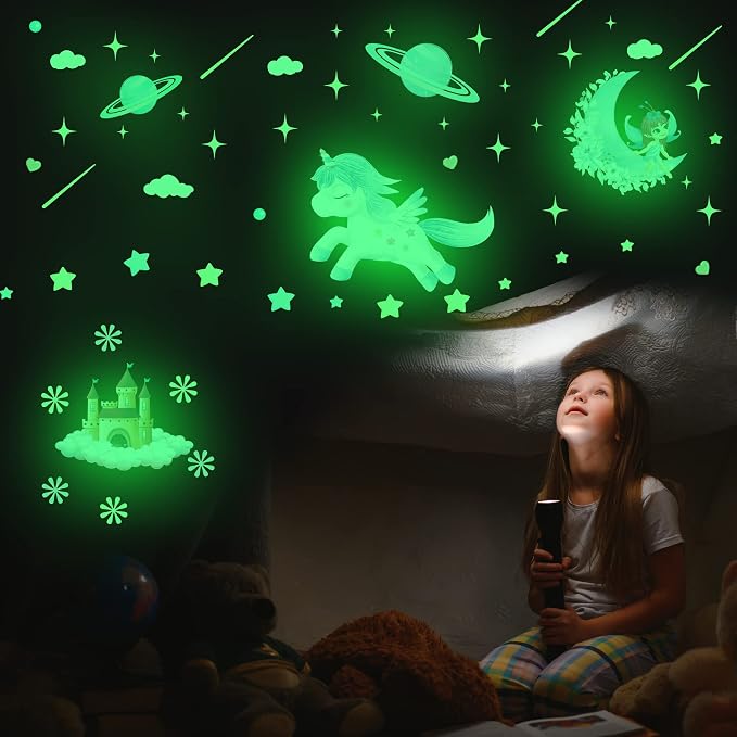 Glow in The Dark Fairy Unicorn Wall Decal Sticker, Girl Bedroom Star Rainbow Castle Princess Wallpaper Decoration, Glowing Moon Ceiling Decor - Image 3
