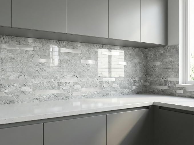 Yipscazo 20 Sheets Peel and Stick Stone Metal Tile Backsplash, Stick on Tiles for Backsplash Kitchen, Bathroom, Laundry Room, Camper, Fireplace (12'' X 12'', Polished Gray) - Image 3