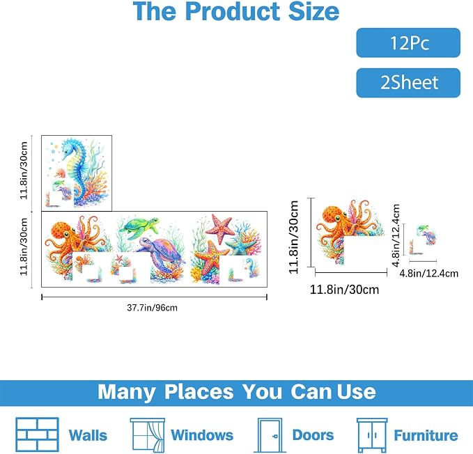 PLIGREAT 12 Pcs Ocean Animals Wall Stickers, Starfish Sea Turtle Wall Decals for Door Peel and Stick Vinyl Octopus Switch Stickers for Nursery Bedroom Living Room Bathroom Home Door Corner Decor - Image 3