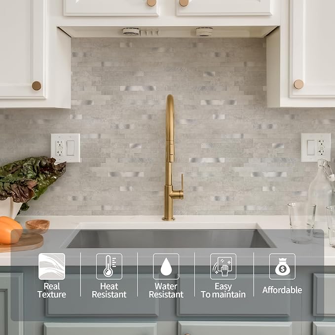10 - Sheet Peel and Stick Backsplash Wall Tile, PVC Kitchen Backsplash, Stick on Tiles for Backsplash Kitchen (12'' X 12'', White Gray) - Image 4