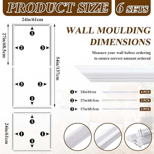 Pangda 6set Peel and Stick Wall Molding Kit 3D Premade, 24x54in | Accent Wall Moulding Kit, Wainscoting Panel, for Interior Decor, Ready to Assemble, Peel and Stick, Wainscoting Accent Panel - Image 2