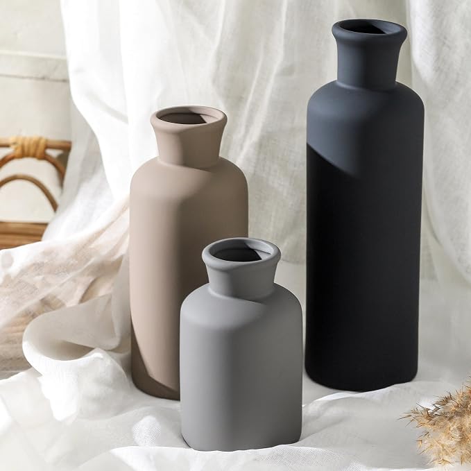 Ceramic Vase Set of 3, Neutral Vases Home Decor Rustic Farmhouse Decor Vase Terra Cotta Pottery Vases for Bouquet Pampas Grass Dried Fresh Flowers Living Room Kitchen Bedroom Bathroom - Multicolor - Image 8