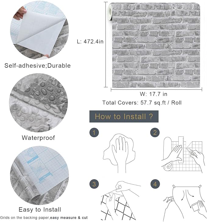 Timeet 17.7" x 472" Grey Brick Wallpaper Peel and Stick Wallpaper Self-Adhesive Wallpaper for Bedroom Living Room Decoration Vinyl Film Roll - Image 4