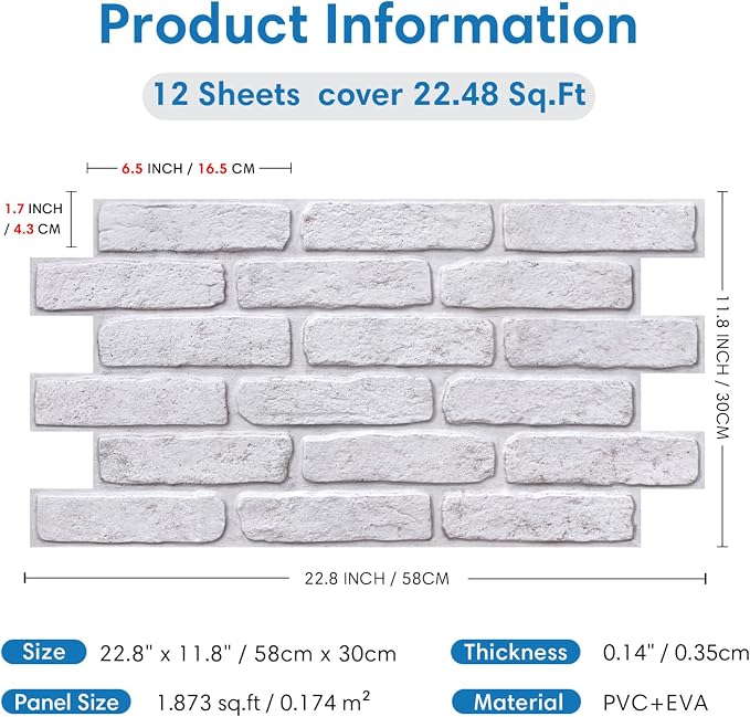 COMSTICKC 3D Faux Brick Wall Panel Peel and Stick Wall Covering | White with Gray Spots, 12 Pcs of 22.8" x 11.8", UrltraLight PVC 3D Brick Wall Stickers Tiles for Indoor Deocr, 22.48 sq.ft - Image 5