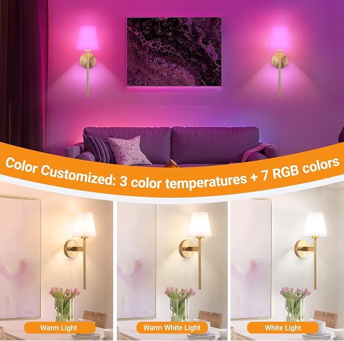 Nekhung Battery Operated Wall Sconce, Peel and Stick Sconces Set of 2 | Wireless Adhesive Stick On Wall Sconce, 10000mAh Rechargeable RGB Bulb with Remote, No Drill Wall Light for Bedroom Decor - Image 5