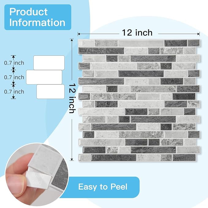 Art3d Linear Tile Peel and Stick Backsplash, 10-Sheet, Multi-Tone Gray | 12 x 12 Inch, Enhanced Thickness, Warp Resistant, Strong Adhesion, Sturdy, for Kitchen, Bedroom, Ideal for Home Improvement - Image 8