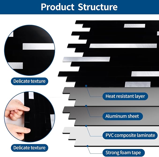 Yipscazo 10 Sheets Peel and Stick Stone Metal Tile Backsplash, Stick on Tiles for Backsplash Kitchen, Bathroom, Laundry Room, Camper, Fireplace (12'' X 12'', Polished Pure Black) - Image 7