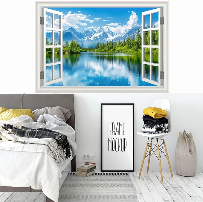Large Murals 66"x48" Fake Window Wall Mural Sticker Mountain Lake Forest Tree Faux Window Wall Cling Art Picture Office Poster Decals Decor, Stick and Peel Landscape Natural Scenery Scene - Image 5