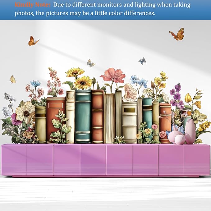 Vintage Books Floral Flower Butterfly Removable Wall Decals Decor Art | Vintage botanical butterflies vinyl peel and stick removable wall stickers & murals for bedroom lLiving room library office - Image 4