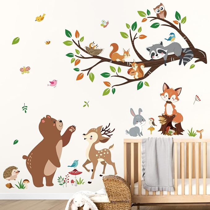 decalmile Woodland Animal Tree Branch Bear Fox Deer Wall Decals Stickers - Image 2