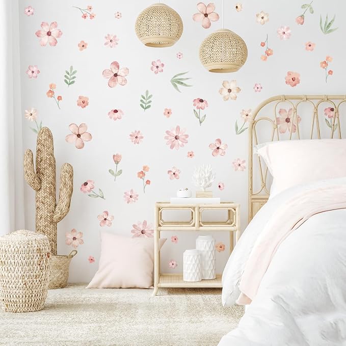 Boho Flower Wall Decals，Pink Watercolor Flower Art，Wildflower Wall Decals，Girls Bedroom Removable Sticker，Nursery Kids Room Decor Vinyl Murals DIY Cute Decorations - Image 6
