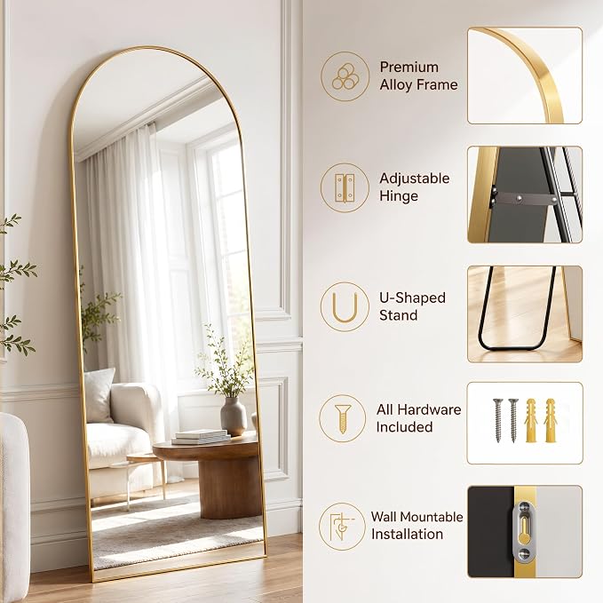 Antok Full Length Mirror, 78"x38" Floor Mirror with Stand, Gold, Arched - Image 3