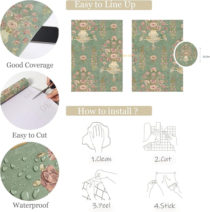 Orainege Floral Wallpaper Peel and Stick Wallpaper Modern Contact Paper | 17.3in x 118.1in Self Adhesive Wall Paper for Bedroom Bathroom Shelf Liner Decor Removable - Image 5