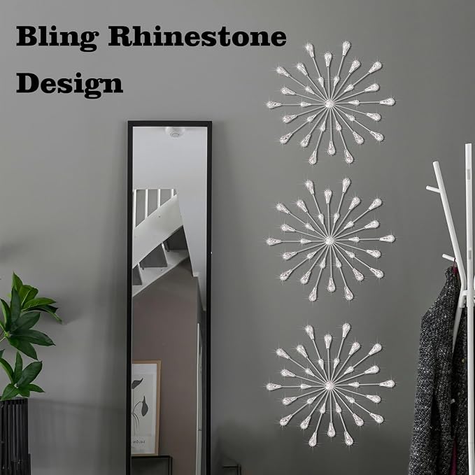 ZEXUIRU 3 Set Silver Starburst Wall Art for Home Decor Metal Bling Crystal Rhinestones Sunburst Wall Decor Sparkling Rhinestone Art Accent Silver - 13in - Image 2