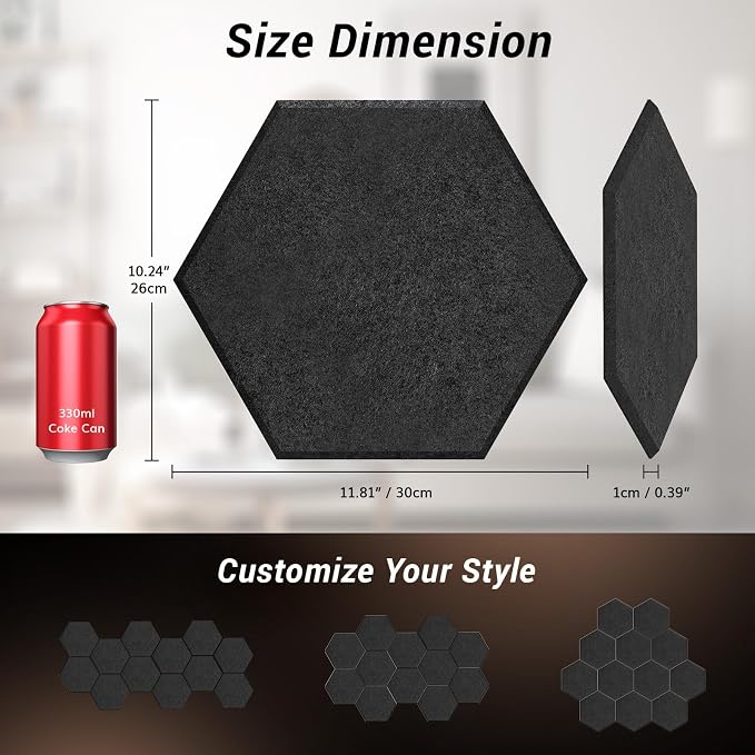18 Pack High Density Hexagon Acoustic Panels, TONOR 12"x 10"x 0.4" Soundproof Wall Panels, Sound Absorbing Panels for Interior Wall Décor, Peel and Stick Modern for Studio, Office, Home, Black - Image 5