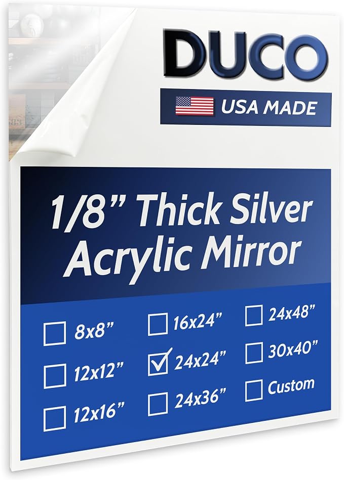 Duco USA-Made Acrylic Mirror Sheet 1/8 Inch Thick 24" x 24" (with Adhesives) - Pack of 1 Silver Frameless Plastic Mirror for Walls, Home Gyms, Bathrooms, & More - Shatter-Proof Mirrored Plexiglass by DucoPlasticsSupply