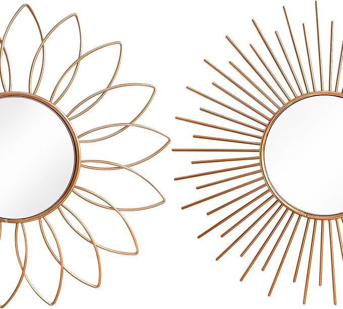 3 Pack Metal Mirrors for Wall Sunburst Wall Mirrors Home Décor Decorative Hanging Wall Art for Living Room Bedroom Entryway (Rose Gold2, Flower+Sunburst) - Image 2