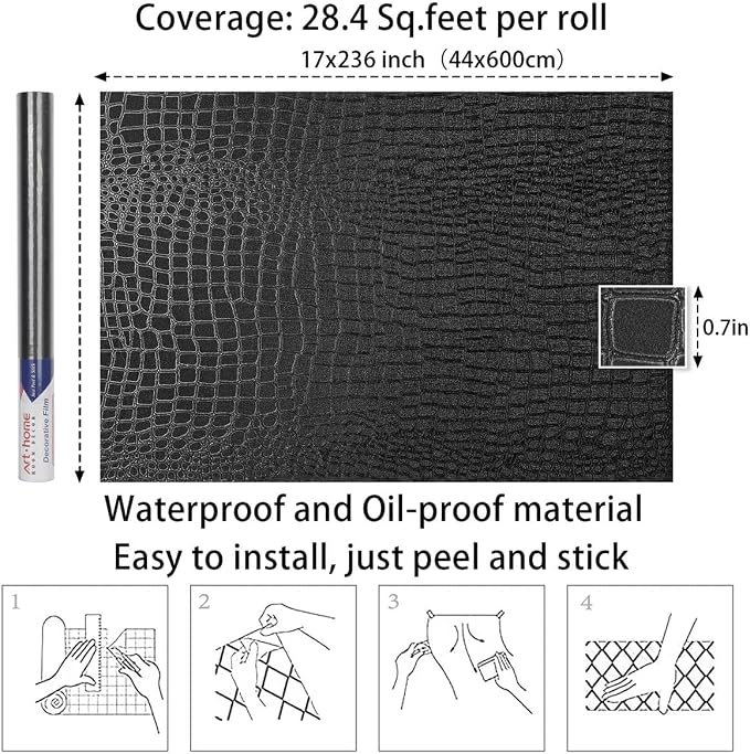 Arthome 17"×240" Black Crocodile Peel and Stick Wallpaper,Charcoal Black Alligator Textured Contact Paper Self-Adhesive Waterproof Embossed Easy Peel Off Wallpaper for Cabinet Bedroom Bathroom - Image 7