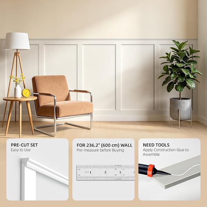 WADILE Premade Board and Batten Wall Panel Kit | Paintable PS Wall Moulding Kit, 24 Slats, 6 Decorative Edge Trims, Decorative Wall Panels, Living Room Bedroom Hallway - Image 5