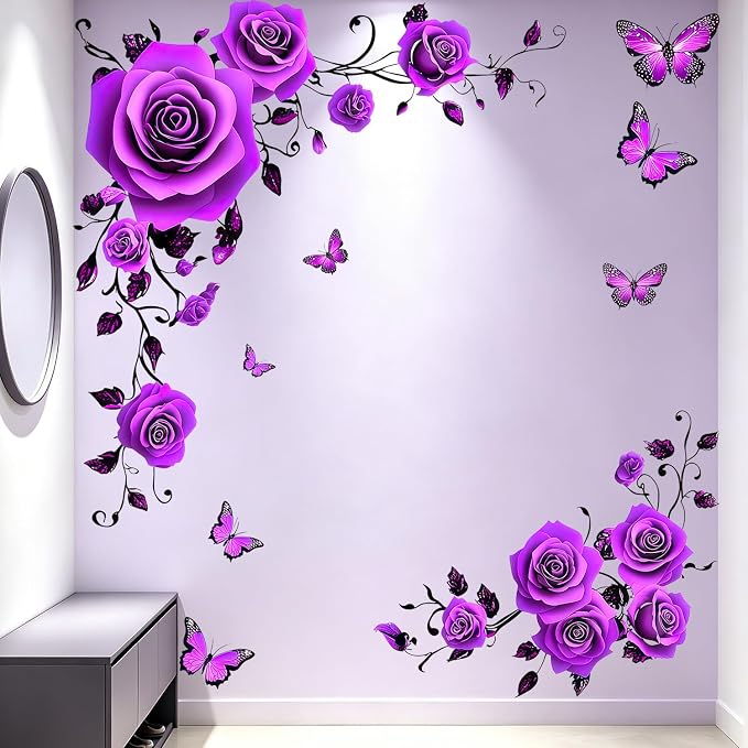 Purple Flower Floral Wall Decals, Butterflies Rose Vines Wall Stickers | Vibrant peel and stick wall decor, removable self‑adhesive vinyl DIY wall art for bedroom living room home wall decoration - Image 4