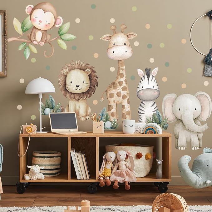 Safari Animals Nursery Wall Decal, Peel and Stick Nursery Mural Jungle Animals Lion, Elephant Wall Stickers for Kids, Boys and Girls Room, Bedroom & Toddler Room Decor (Boho Animal Dot Decals 59) - Image 5