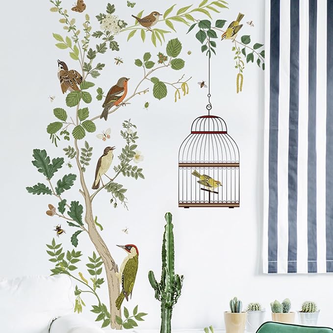 Removable Bird on Bracnch Wall Stickers, DIY Romantic Birdcage Decor Tree Wall Murals Peel and Stick Wall Art Stickers Home Decor for Gilrs Bedroom Nursery Rooms Living Room - Image 3