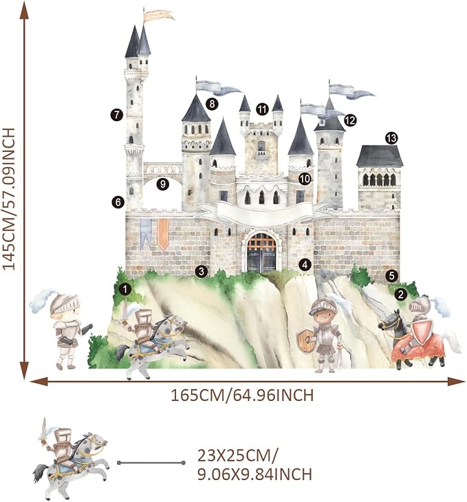 Large Knight Assembled Castle Wall Mural for Bedroom and Playroom | 64.96" x 57.09" Watercolor Castle Wall Murals, Peel and Stick Knight Wall Decals for Kids Room and Nursery - Image 3