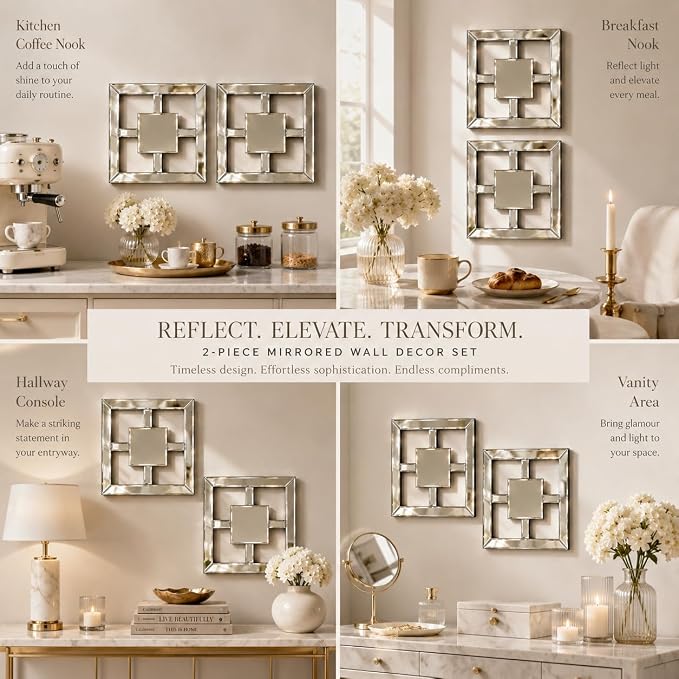 Square Decorative Wall Mirror 12 x 12 Inch, Silver Frameless Mirror Wall Decor with Beveled Edge, Modern Wall Mounted Accent Mirror for Living Room, Bedroom, Hallway, Set of 2 - Image 7