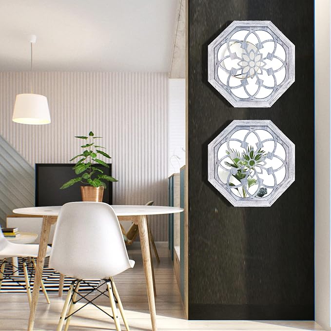 ZOLAPI 2 PCS Octagon Wall-Mounted Mirrors,Vintage Farmhouse Mirror for Wall Decor,Rustic White Color Decorative Accent Mirror for Foyer, Bathroom, Bedroom. (12”x12”) - Image 2