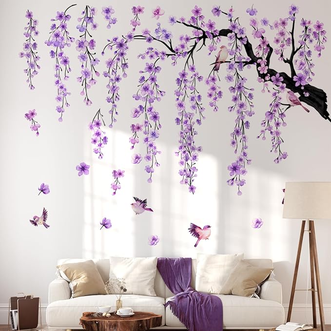 Lilac Purple Wall Decor 4 Sheets Large Cherry Blossom Tree Wall Stickers | Spring Purple Flower Bird Wall Decals Peel and Stick Wall Murals Decor for Living Room Bedroom (Purple, 11.8 * 35.4inch) - Image 4