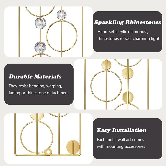 ZEXUIRU 2 Pcs Abstract Metal Art for Wall Decor Living Room Bedroom Bathroom Office Metal Bling Modern Geometric Hanging Vertical Small Iron Sculpture Plaque Pack -Gold 15.7in - Image 7