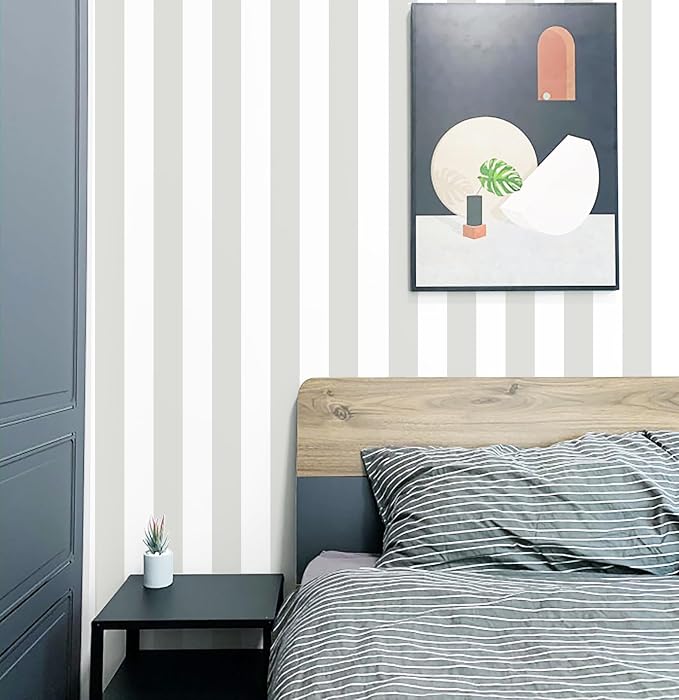 Guvana 17.7"x118" Grey and White Wallpaper Striped Peel and Stick Wallpaper Gray Self-Adhesive Contact Paper Modern Removable Wall Paper for Bedroom Wall Covering - Image 6