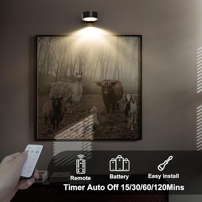 Xuolder Battery Operated Picture Lights Magnetic Paining Light with Remote | 3Pcs LED Wireless Wall Light with 3 Lighting Dimmable Timer Art Display Light for Poster Artwork Home Wall Decor Puck Lights - Image 4