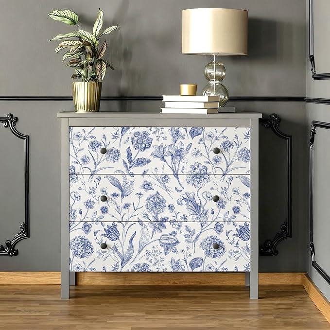 White and Blue Floral Peel and Stick Wallpaper Vintage 17in x 197in | Botanical Wallpaper Vintage Contact Paper Black Flower Removable Wall Paper for Bathroom Bedroom Boho Self Adhesive Vinyl - Image 6