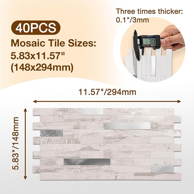Peel and Stick Backsplash Tile Waterproof Removable PVC Wall Sticker 3D Faux Stone Marble Brick White Accent Panels (Polished Eurasia Silver - Gray, 40 Tiles - 18 sq. ft. (1.68 m²)) - Image 3