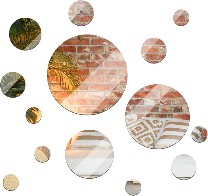 Jetec 15 Pcs Real Glass Round Mirror Tiles Frameless Wall Glass Tiles Round Wall-Mount Mirrors with Acrylic Double Sided Adhesive for Bedroom Bathroom Craft(2/3/4/6/8/10 Inch) by Jetec